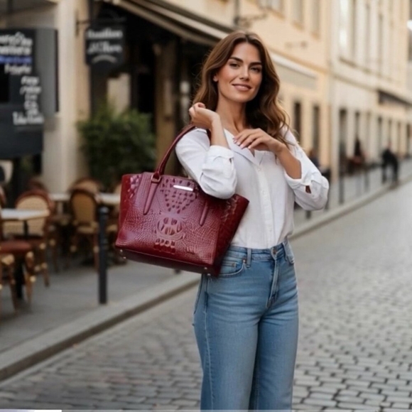 Brahmin Paris Croc Embossed Leather Shoulder Tote Bag Cherry Red Large Excellent - Picture 3 of 12